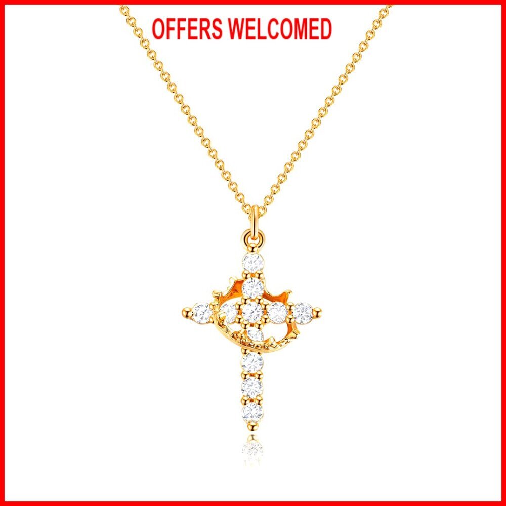 14K Gold Plated Cross Pendant Necklace, 18"+2" Chain, Faith Jewelry Gift